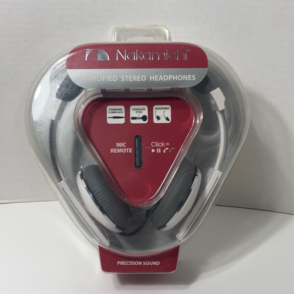 Nakamichi Amplified Stereo Headphones Wired Mic Remote White Grey Adjustable